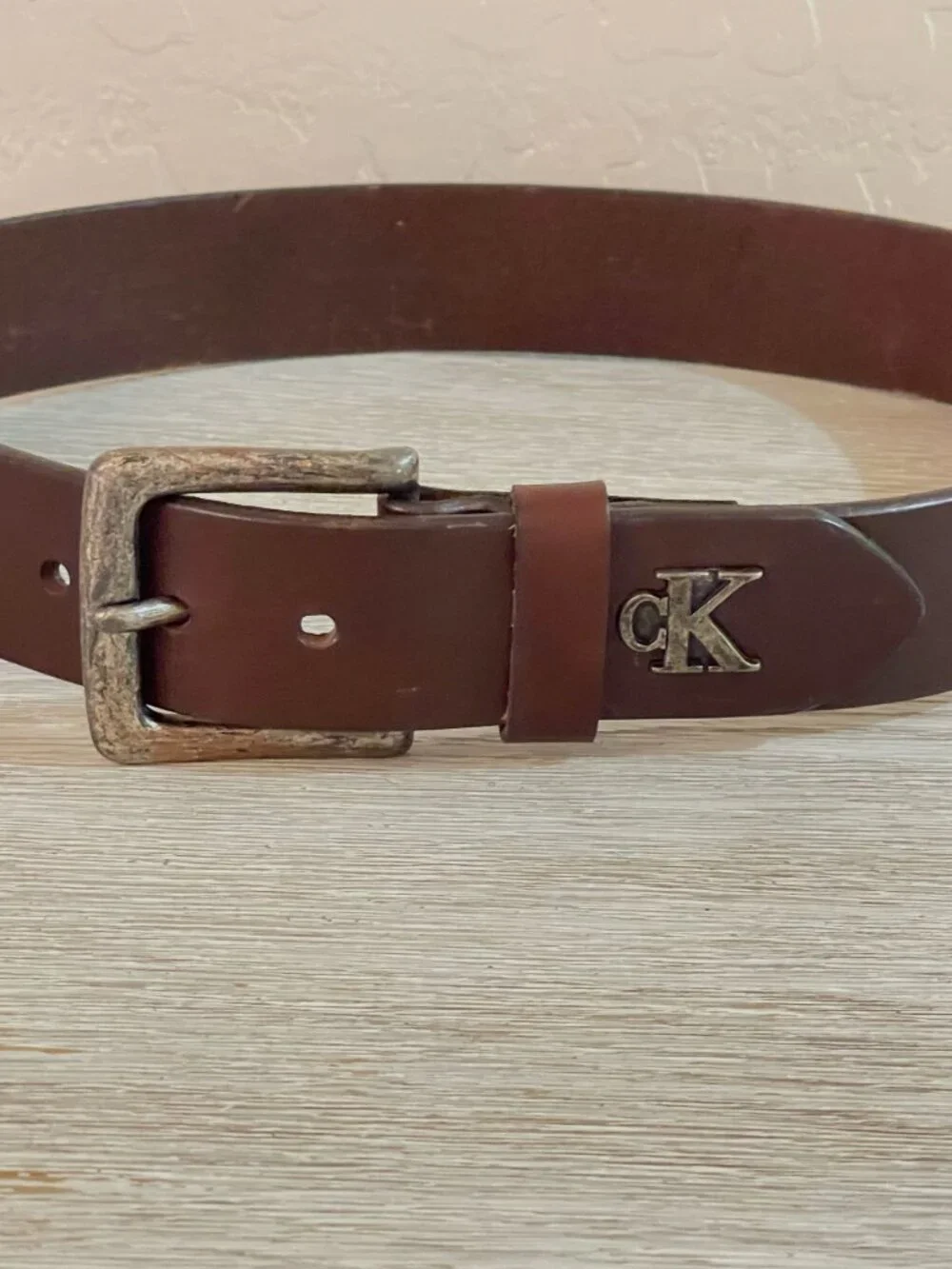 Calvin Klein Leather Belt Brown Italian Leather Silver Logo Small